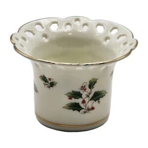 Royal Limited Holly Holiday Pierced Votive Candle Holder Gold Trim W/ Red Candle